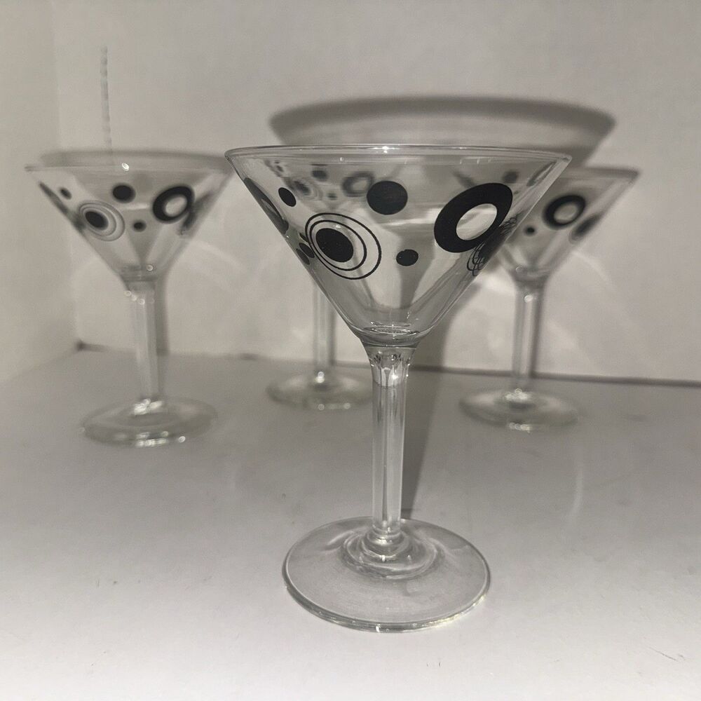 Libbey Atomic Martini Glasses Set of 4 Black Circle MCM Cocktail Glasses Dots
